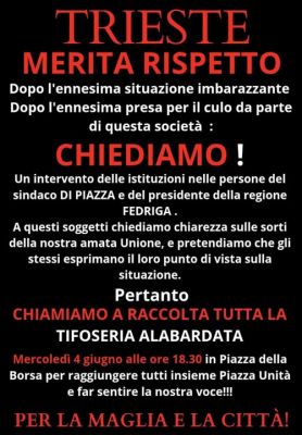 Mercoledì alle 18.30 in piazza della Borsa la protesta del tifo alabardato